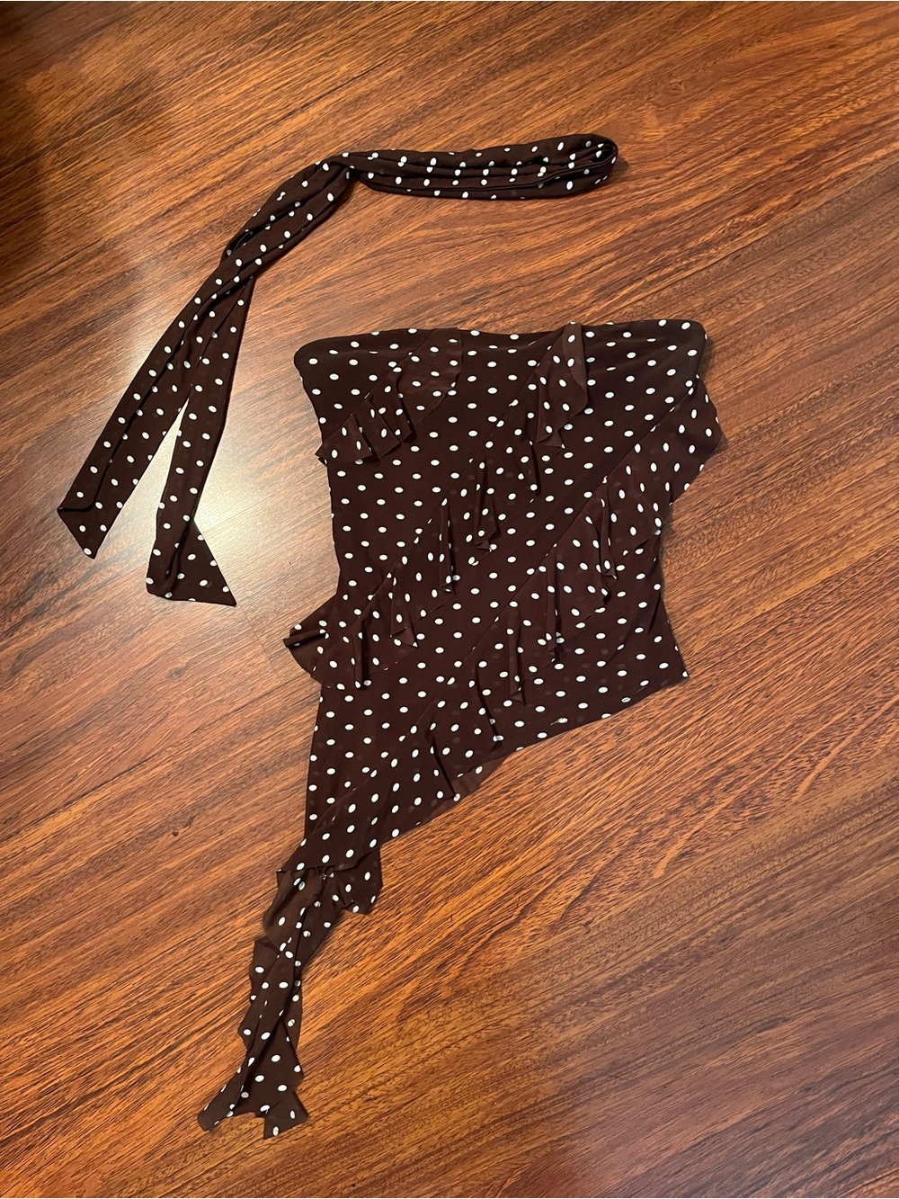 Polka Dot Asymmetric Ruffle Top - Brown & White